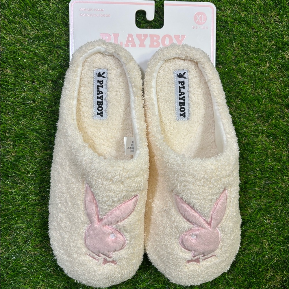 PLAYBOY Cream Fuzzy Slippers with Pink Accents